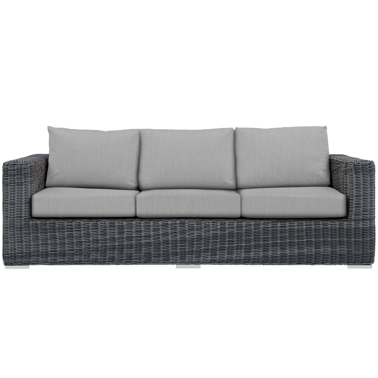 Canvas gray wicker three-seat outdoor sofa with light gray cushions; modern patio seating.