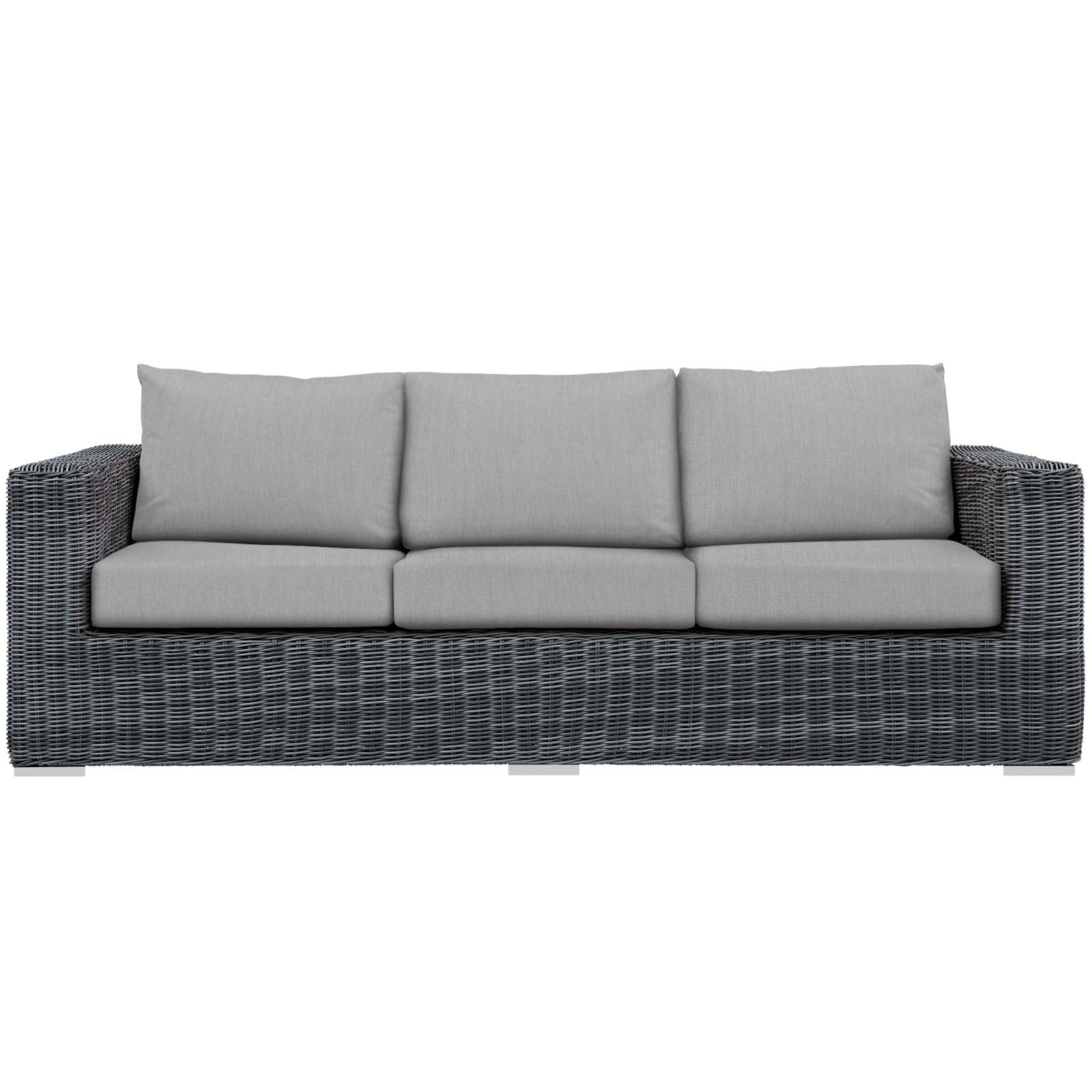 Canvas gray wicker three-seat outdoor sofa with light gray cushions; modern patio seating.