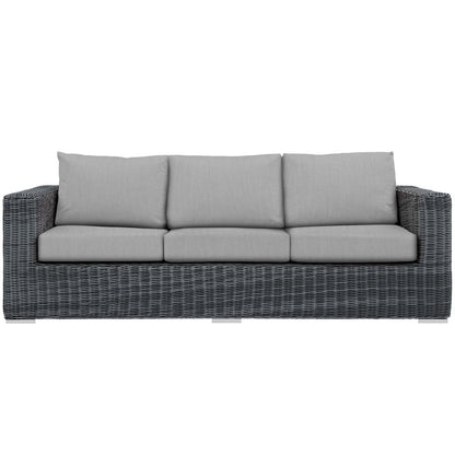 Canvas gray wicker three-seat outdoor sofa with light gray cushions; modern patio seating.