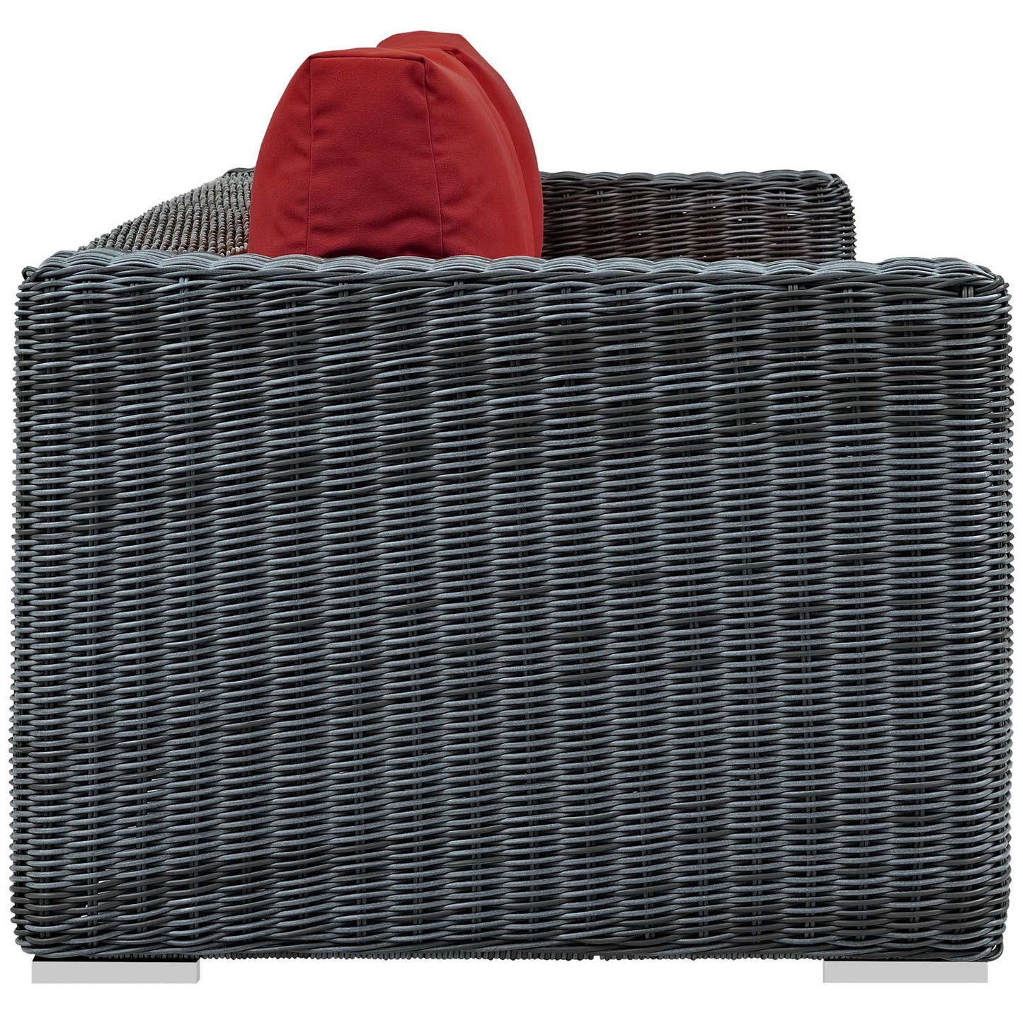 Dark gray woven rattan outdoor sofa with red back cushion, modern patio seating.