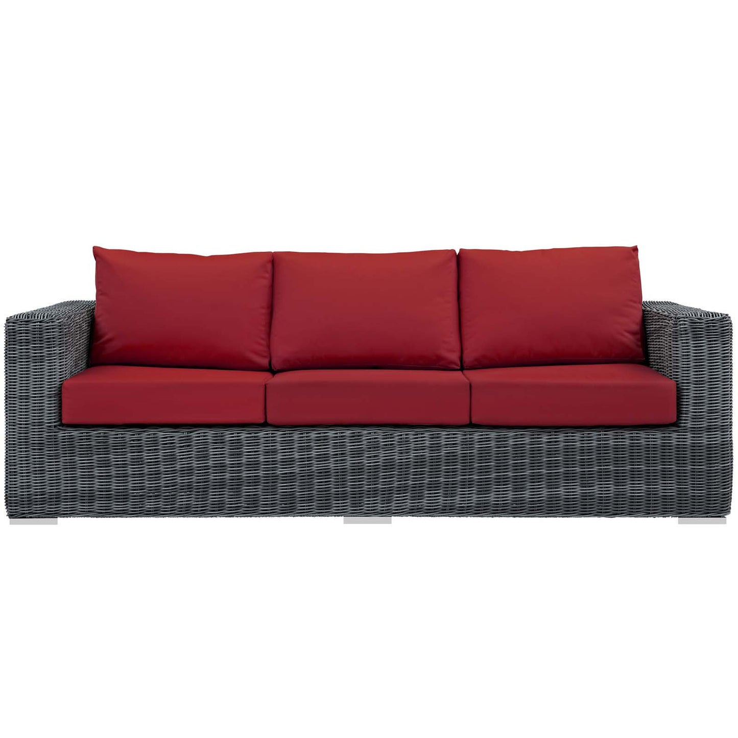 Grey wicker outdoor sofa with red seat cushions & red back cushions, three-seater.