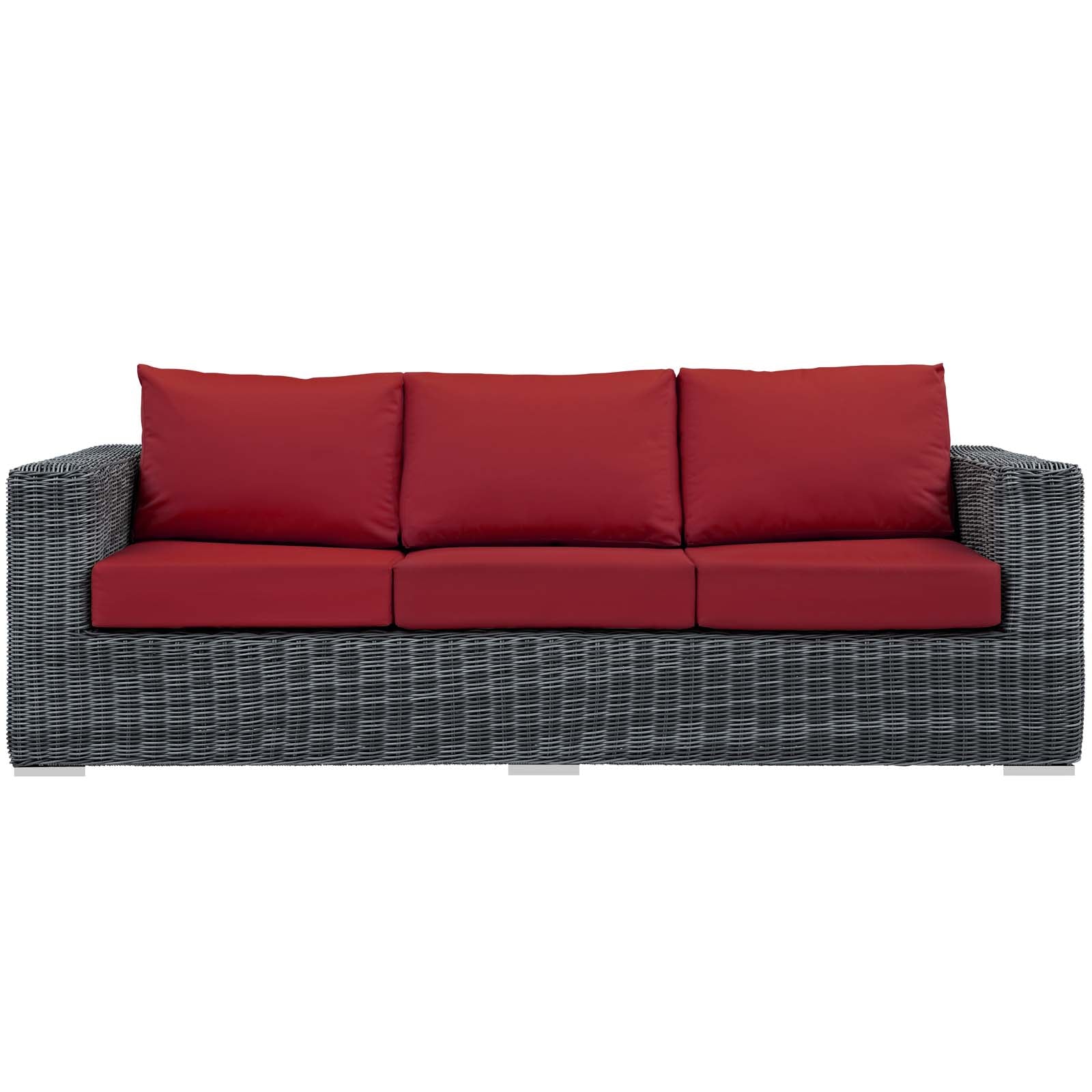 Grey wicker outdoor sofa with red seat cushions & red back cushions, three-seater.