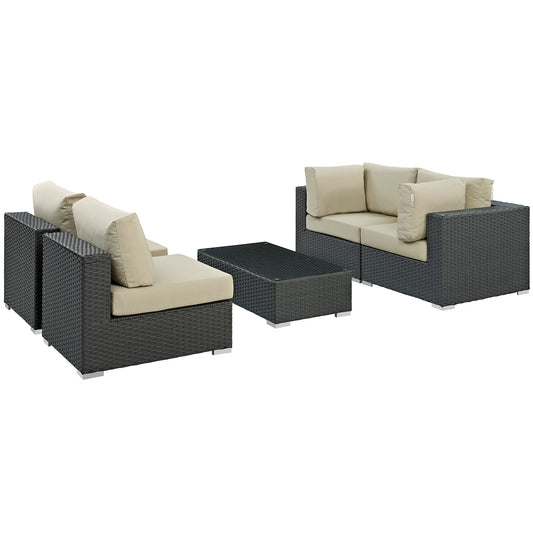 Modway Outlet Sojourn 5 Piece Outdoor Patio Sunbrella? Sectional Set by Modway  Outdoor Furniture Furniture Canvas Antique Beige - EEI-1882-CHC-BEI-SET