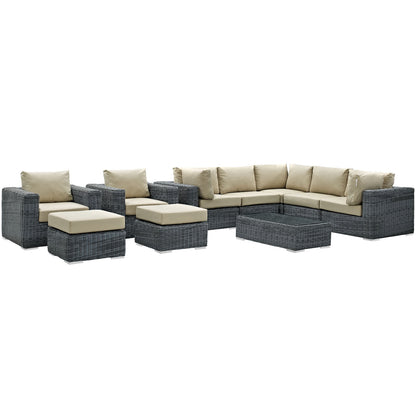Modway Outlet Summon 10 Piece Outdoor Patio Sunbrella? Sectional Set by Modway  Outdoor Furniture Furniture Canvas Antique Beige - EEI-1902-GRY-BEI-SET