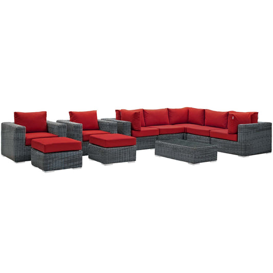 Modway Outlet Summon 10 Piece Outdoor Patio Sunbrella? Sectional Set by Modway  Outdoor Furniture Furniture Canvas Red - EEI-1902-GRY-RED-SET
