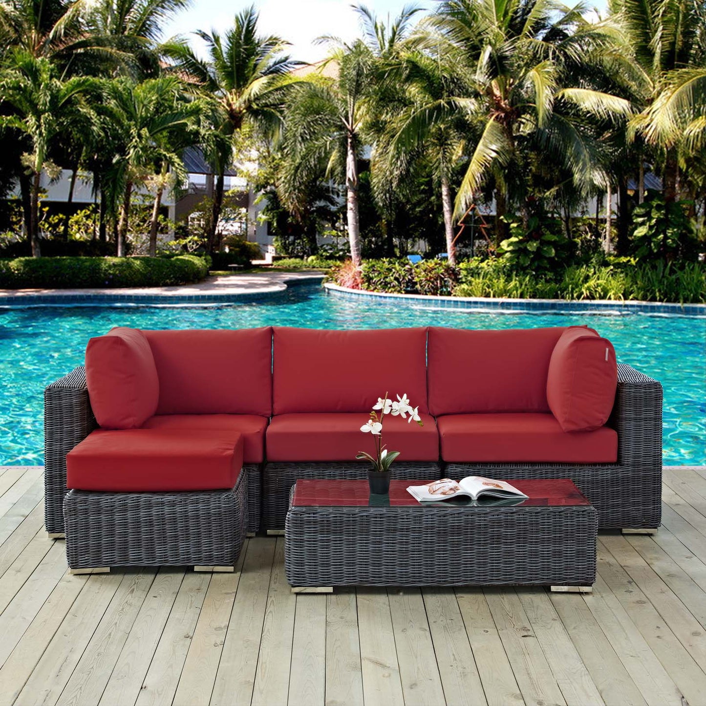 Modway Outlet Summon 5 Piece Outdoor Patio Sunbrella? Sectional Set by Modway  Outdoor Furniture Furniture Canvas Red - EEI-1904-GRY-RED-SET