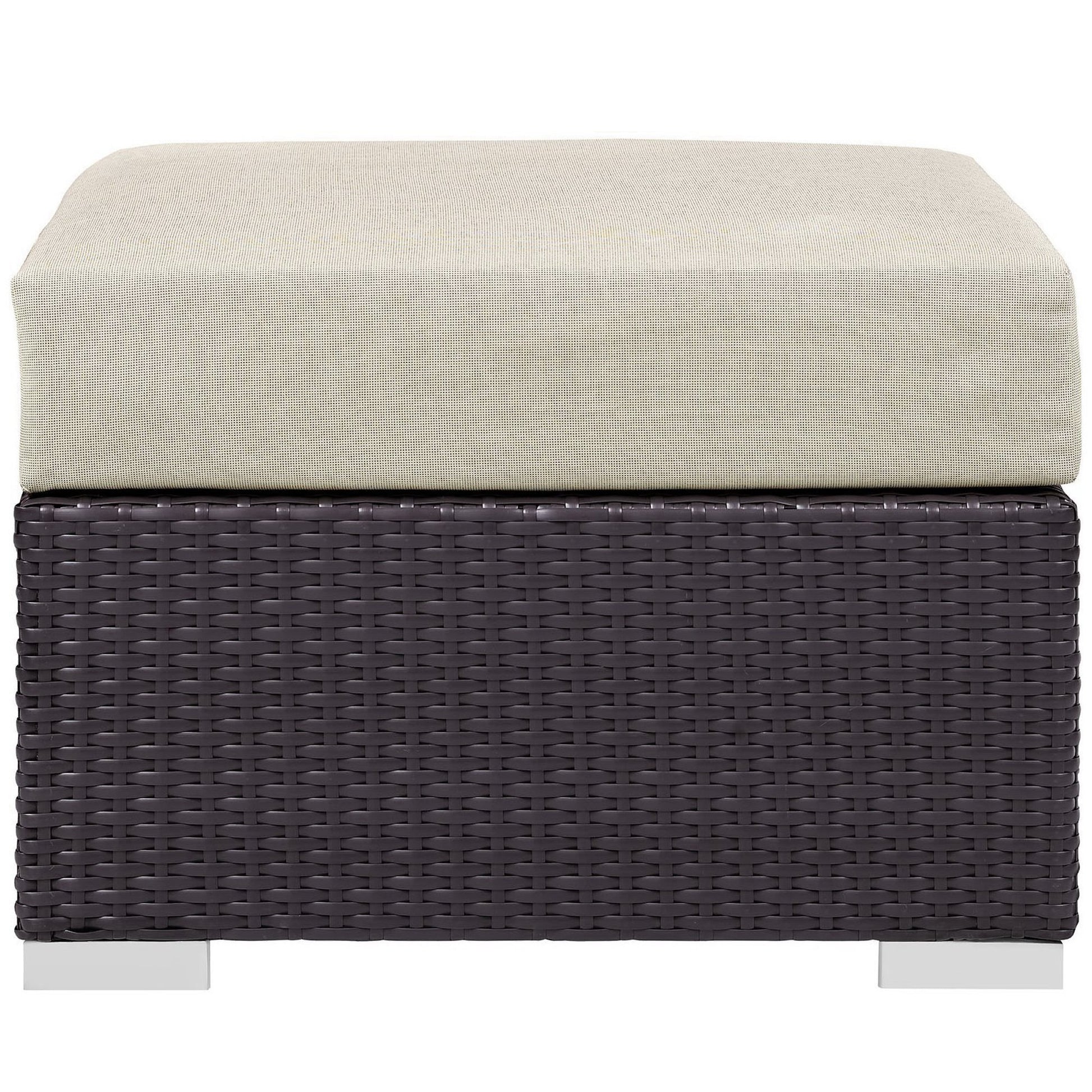 Dark brown woven wicker outdoor furniture piece with a beige cushioned top; part of a 3-piece outdoor patio set with a fire pit.