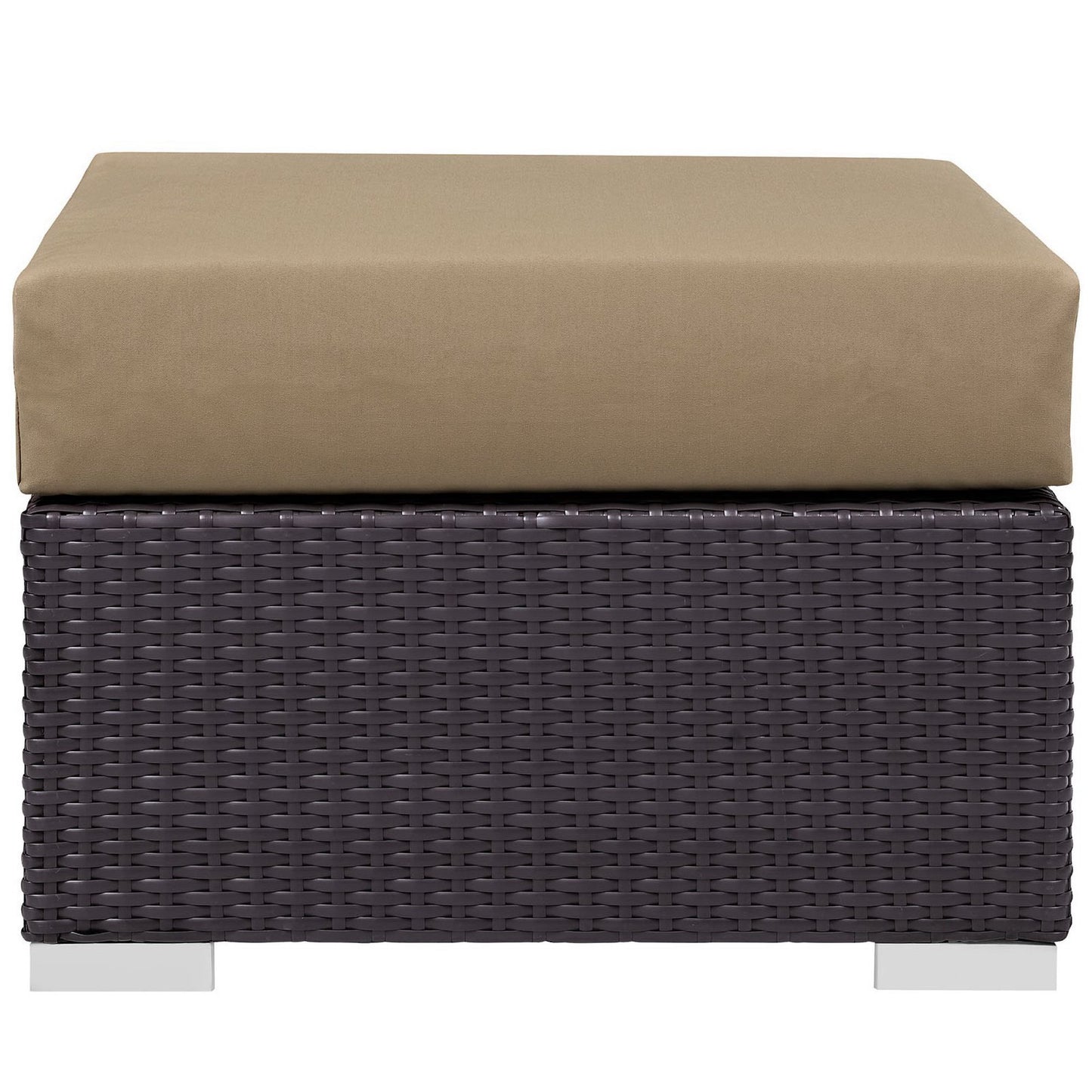 Rectangular dark brown wicker outdoor patio 3-piece sofa set with tan fabric cushions.