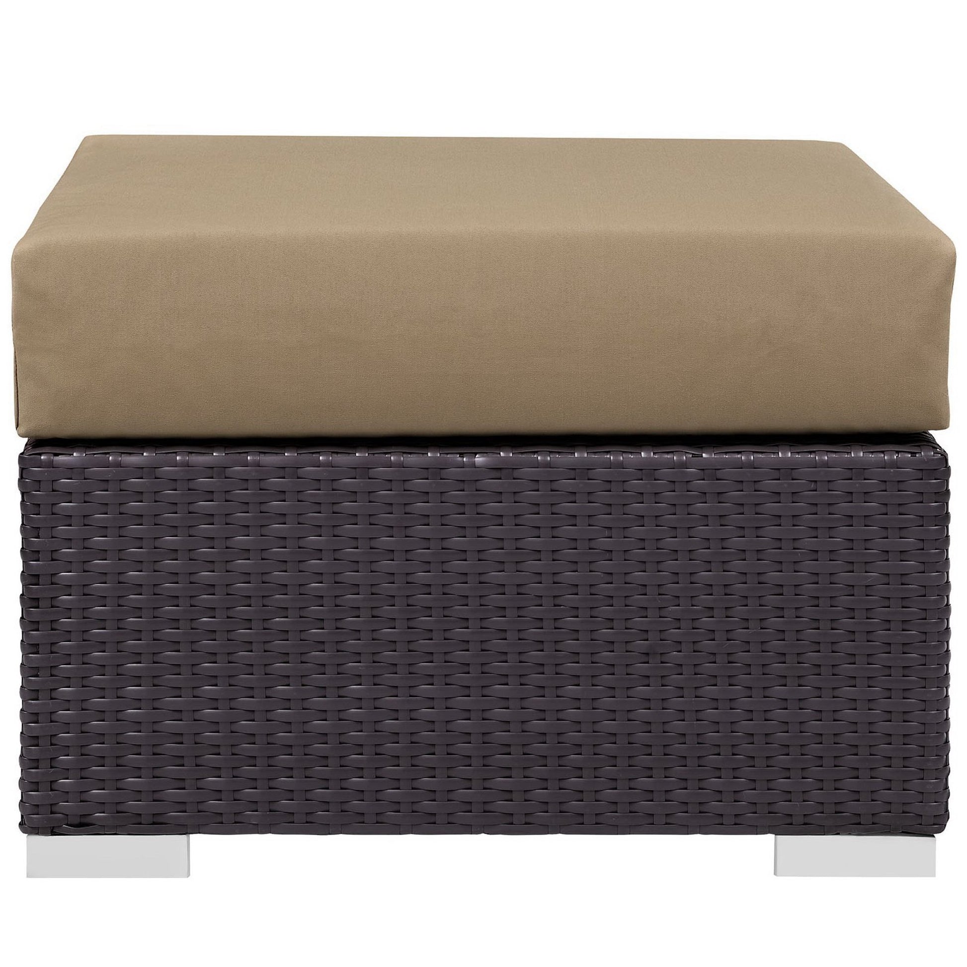 Rectangular dark brown wicker outdoor patio 3-piece sofa set with tan fabric cushions.