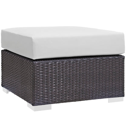 Espresso brown wicker 3-piece outdoor patio sofa set with white cushions.