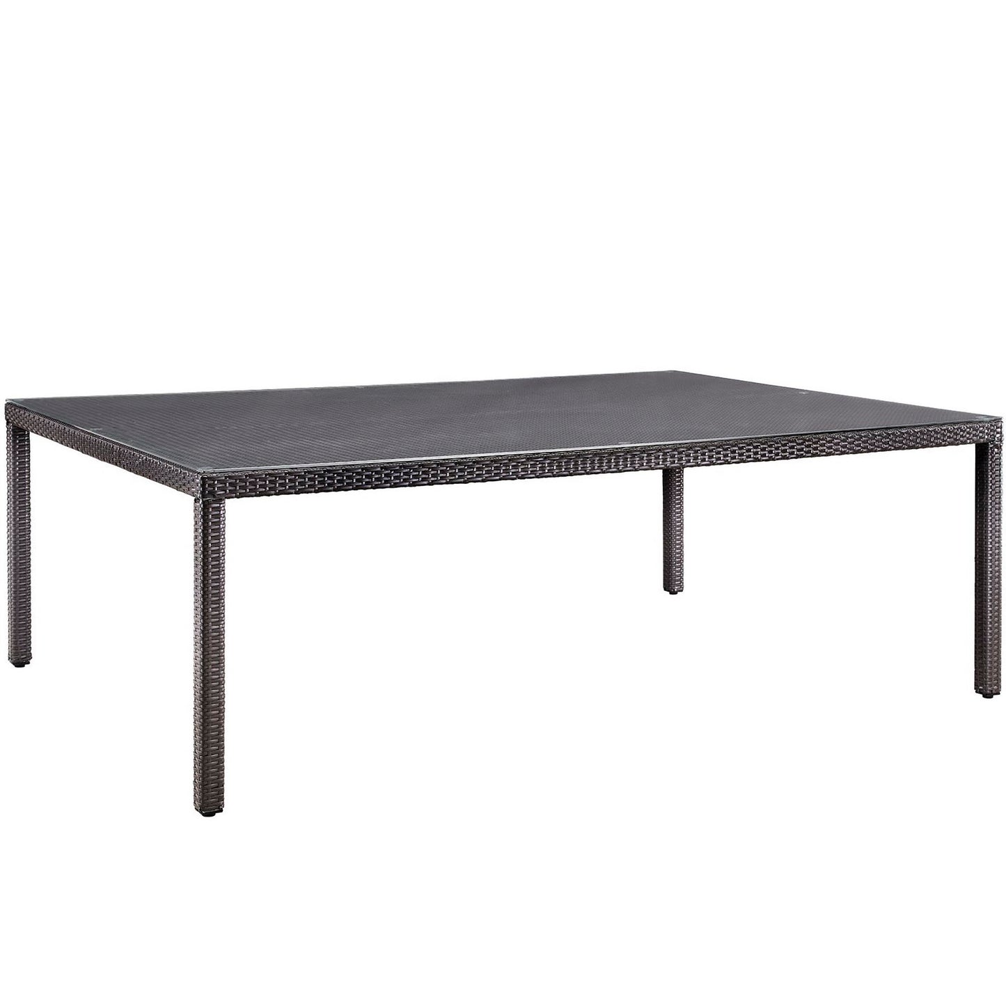 Rectangular dark brown synthetic wicker outdoor dining table with a metal frame.