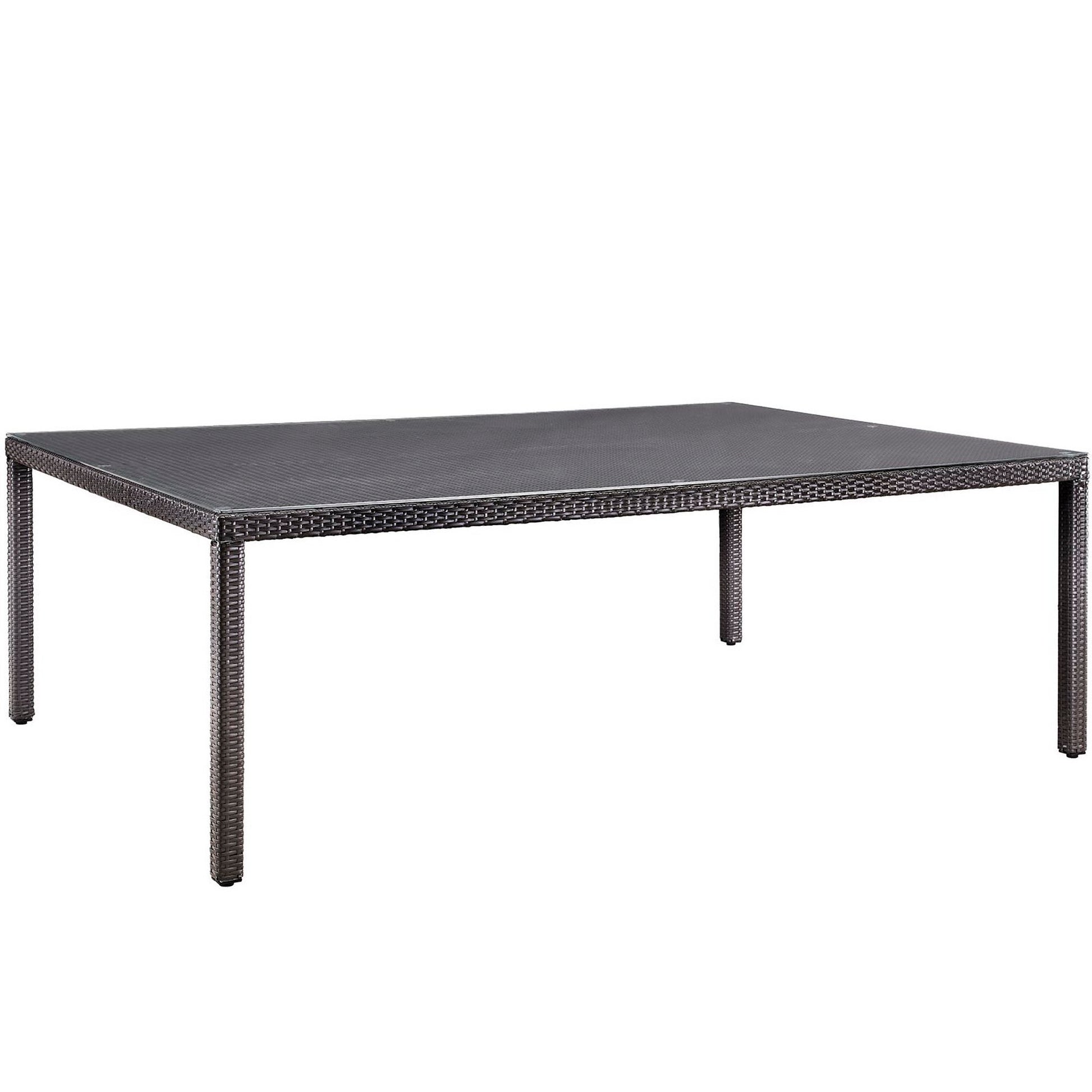Rectangular dark brown synthetic wicker outdoor dining table with a metal frame.