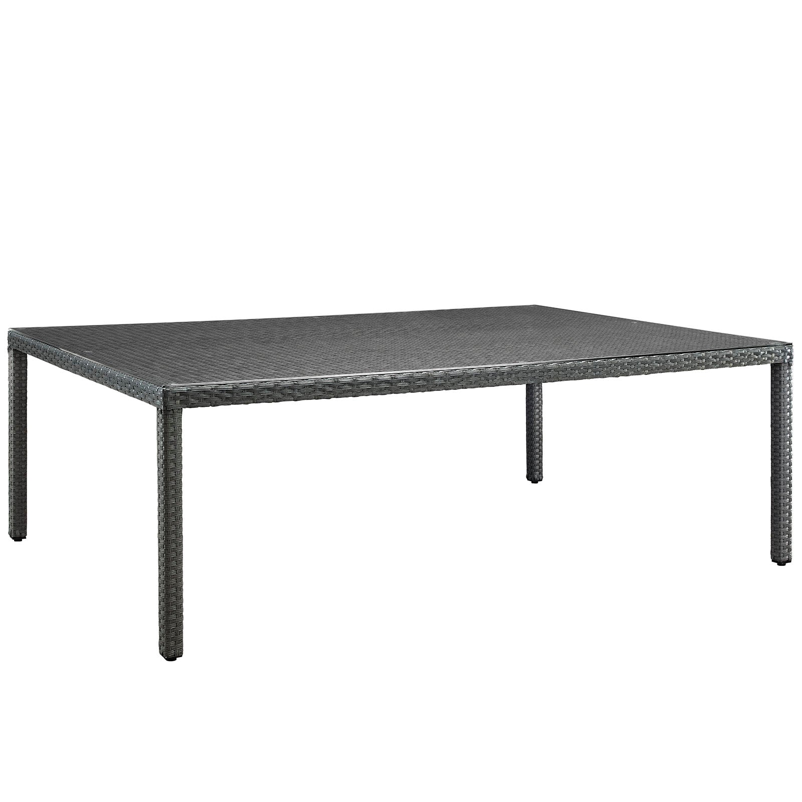 Rectangular chocolate outdoor patio dining table, 90" long, on four legs.