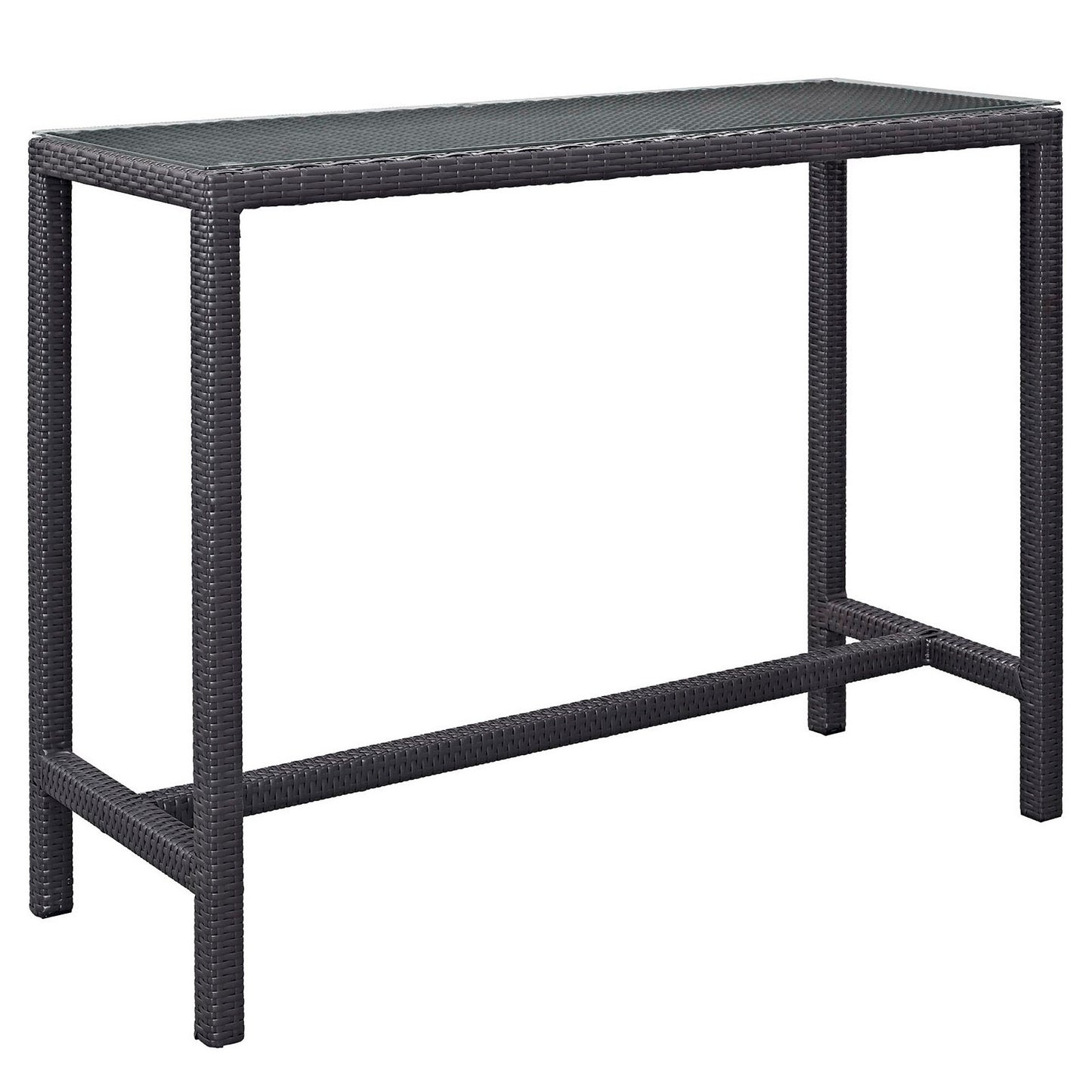 Dark wicker rectangular bar table with a woven surface, four straight legs and lower crossbars; outdoor patio furniture.