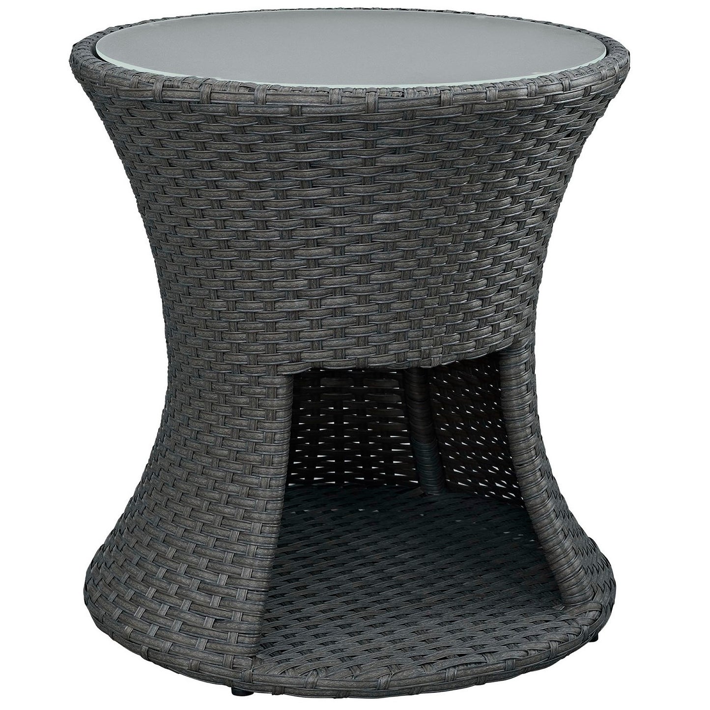 Round glass-top outdoor table in dark charcoal wicker with curved hourglass base and lower shelf.