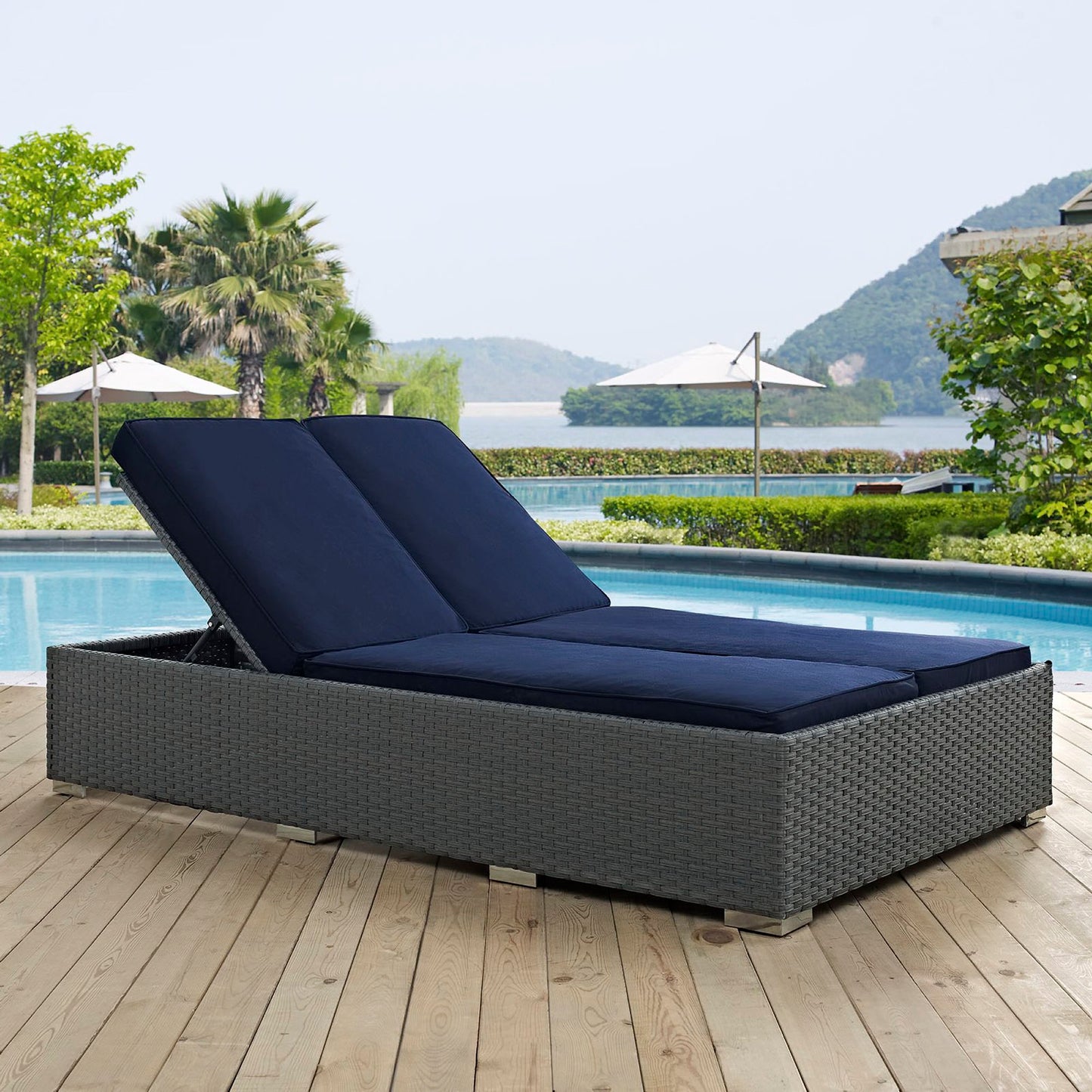 Modway Outlet Sojourn Outdoor Patio Sunbrella? Double Chaise by Modway  Outdoor Furniture Furniture Chocolate Navy - EEI-1983-CHC-NAV