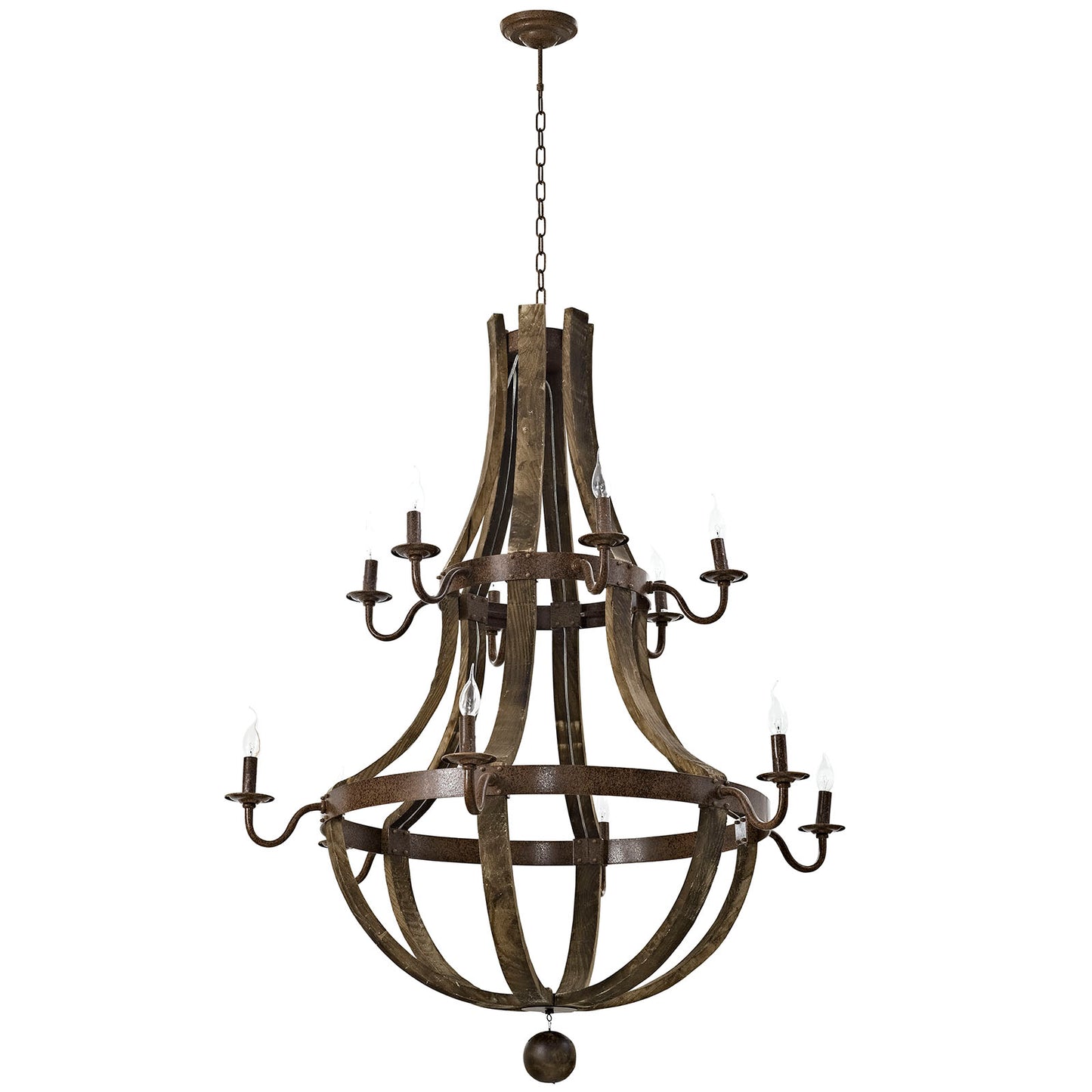 Rustic brown metal chandelier with open globe frame and eight candle-style lights on curved arms, chain-hung.