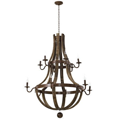 Rustic brown metal chandelier with open globe frame and eight candle-style lights on curved arms, chain-hung.