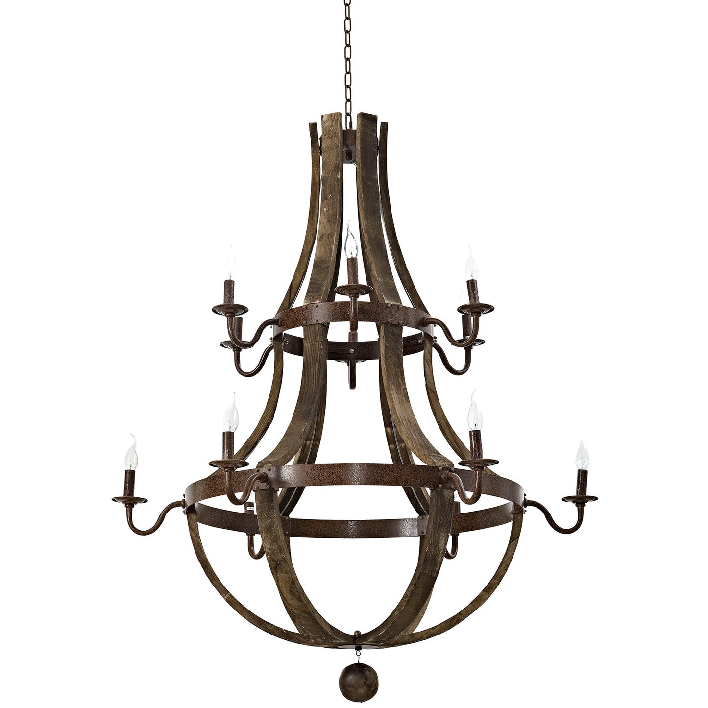 Rustic wrought-iron chandelier in aged bronze with curved orb frame and eight candle-style bulbs, chain-hung.