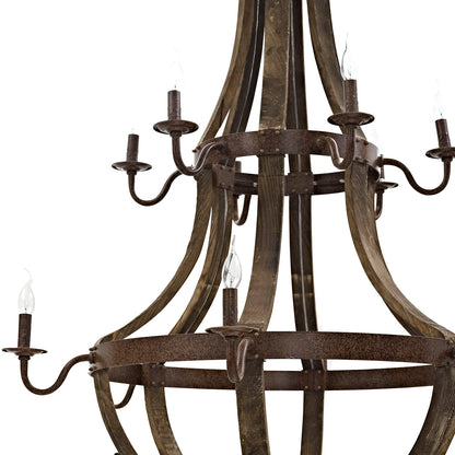 Rustic brown wrought-iron chandelier with curved arms, circular frame, and candle-style bulbs.