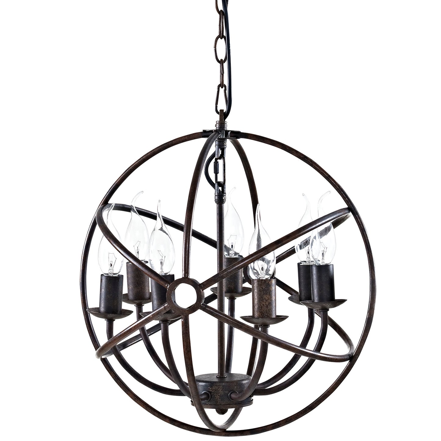 Rust-bronze spherical metal chandelier with candle bulbs on an open orb frame, chain-hung.