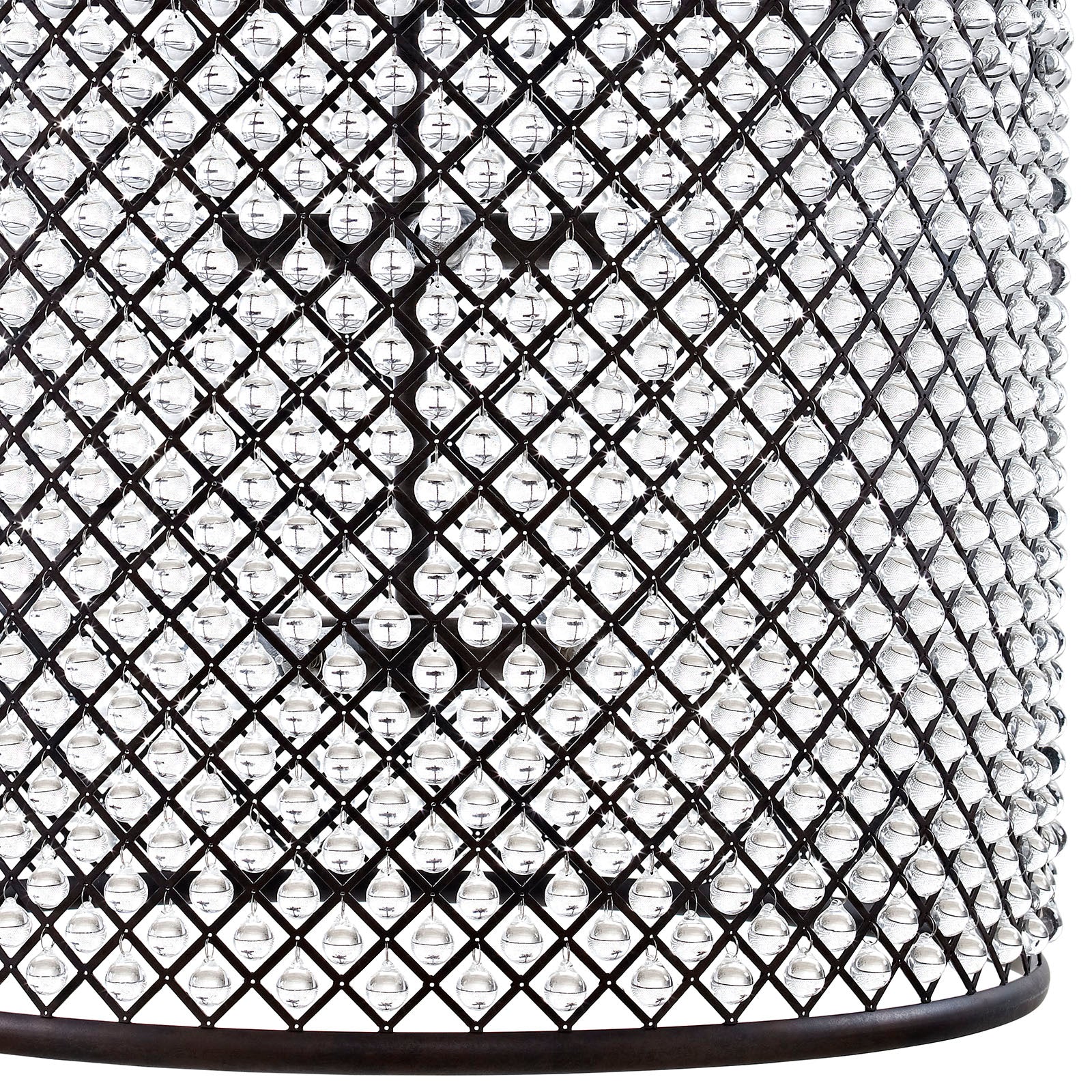 Cylindrical metal lattice shade with a diamond mesh pattern & a dark brown rim, chandelier-style lighting.