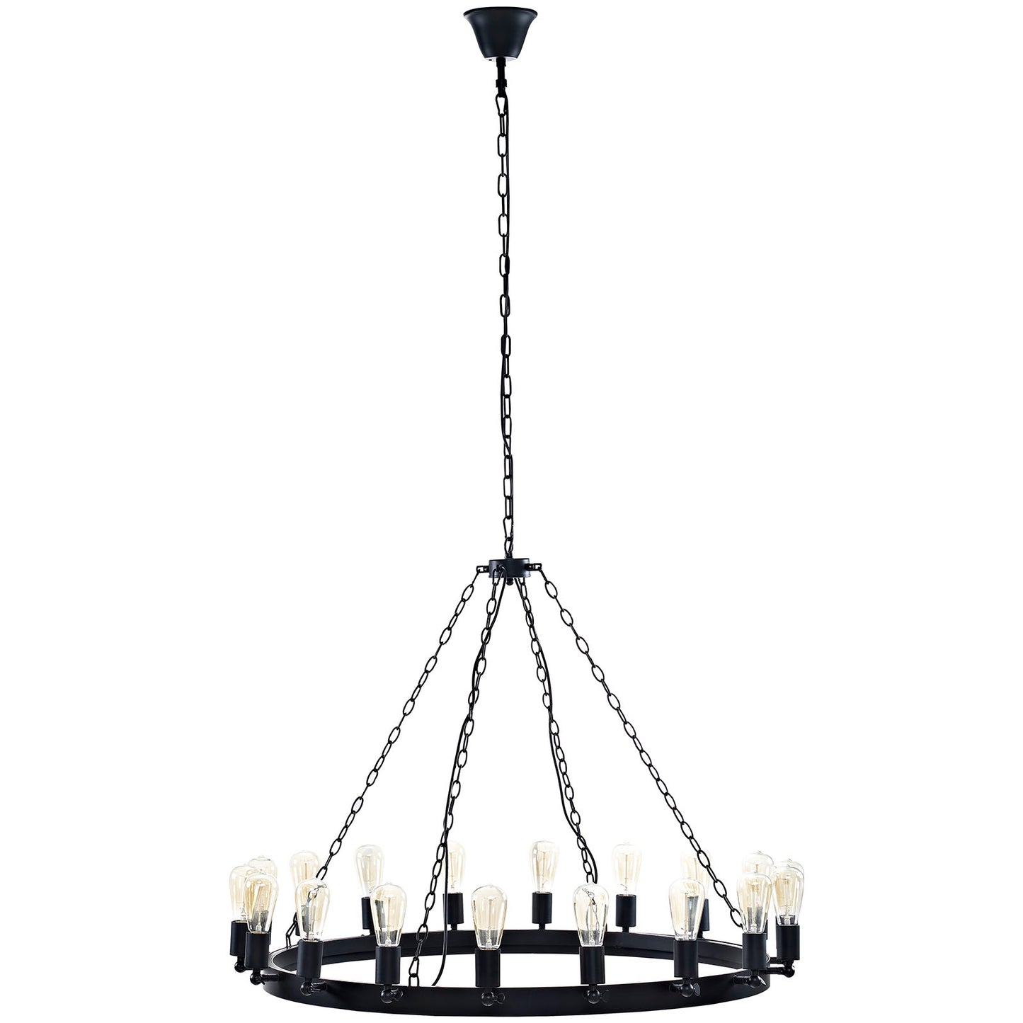 Brown metal circular chandelier with 12 Edison-style bulbs around a ring, suspended by a chain.