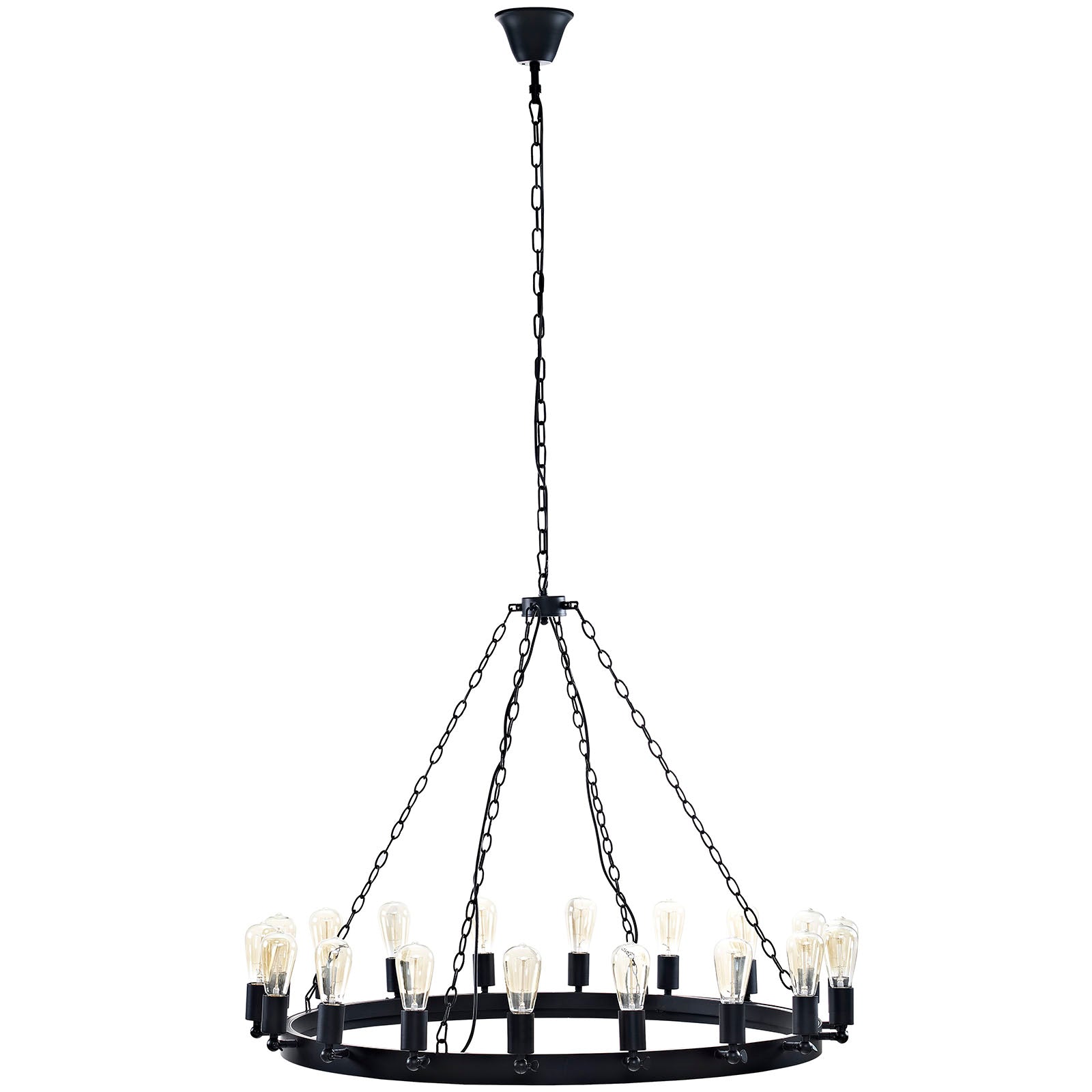 Brown metal circular chandelier with 12 Edison-style bulbs around a ring, suspended by a chain.