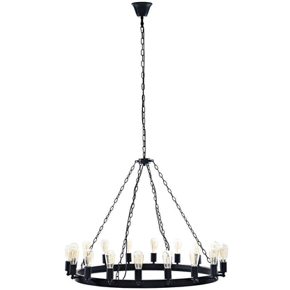 Brown metal circular chandelier with 12 Edison-style bulbs around a ring, suspended by a chain.