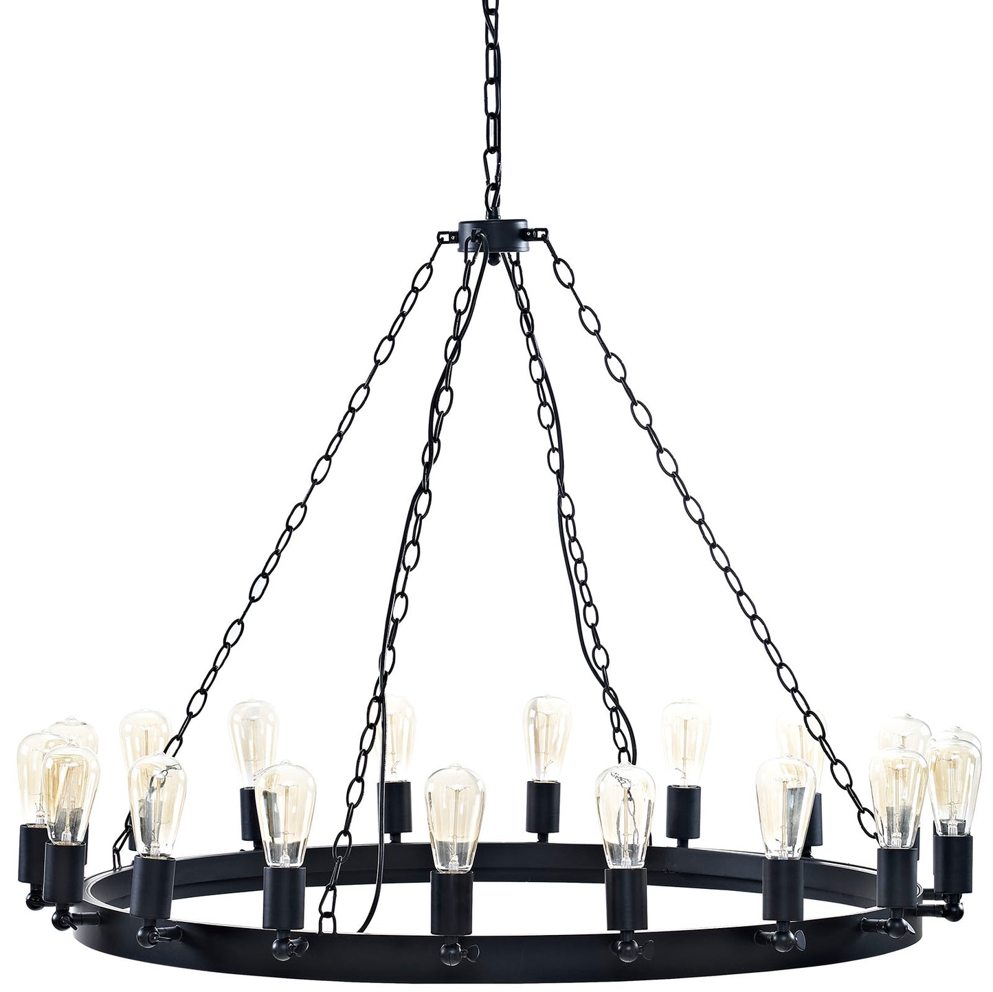 Brown circular chandelier with 12 Edison bulbs on a ring, suspended by multiple chains; vintage-style finish.