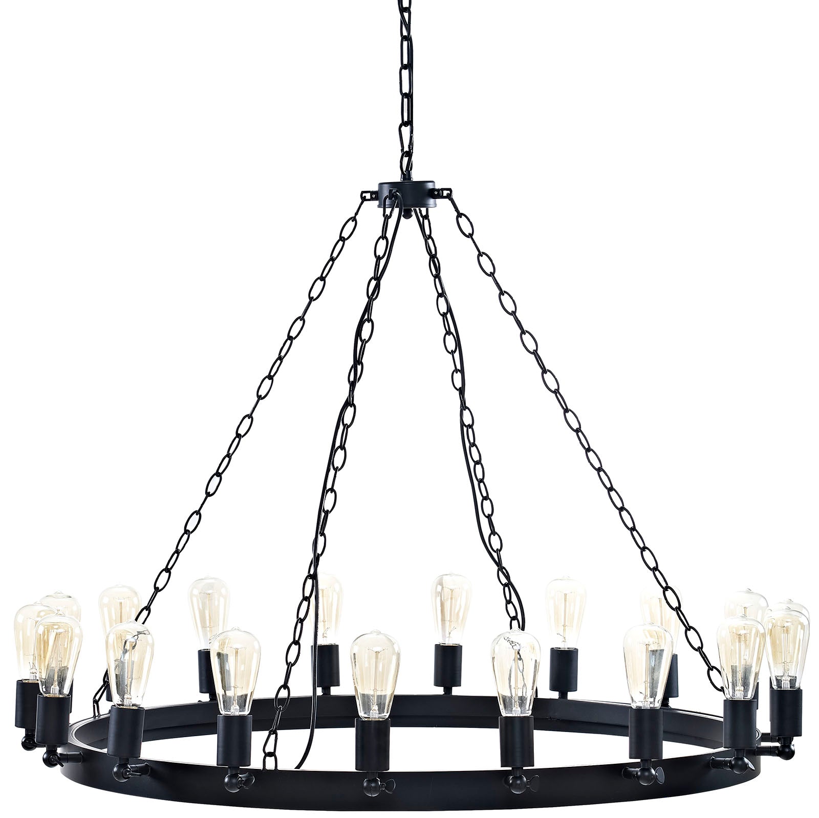 Brown circular chandelier with 12 Edison bulbs on a ring, suspended by multiple chains; vintage-style finish.