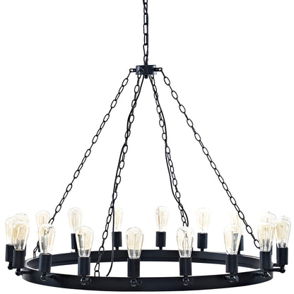 Brown circular chandelier with 12 Edison bulbs on a ring, suspended by multiple chains; vintage-style finish.