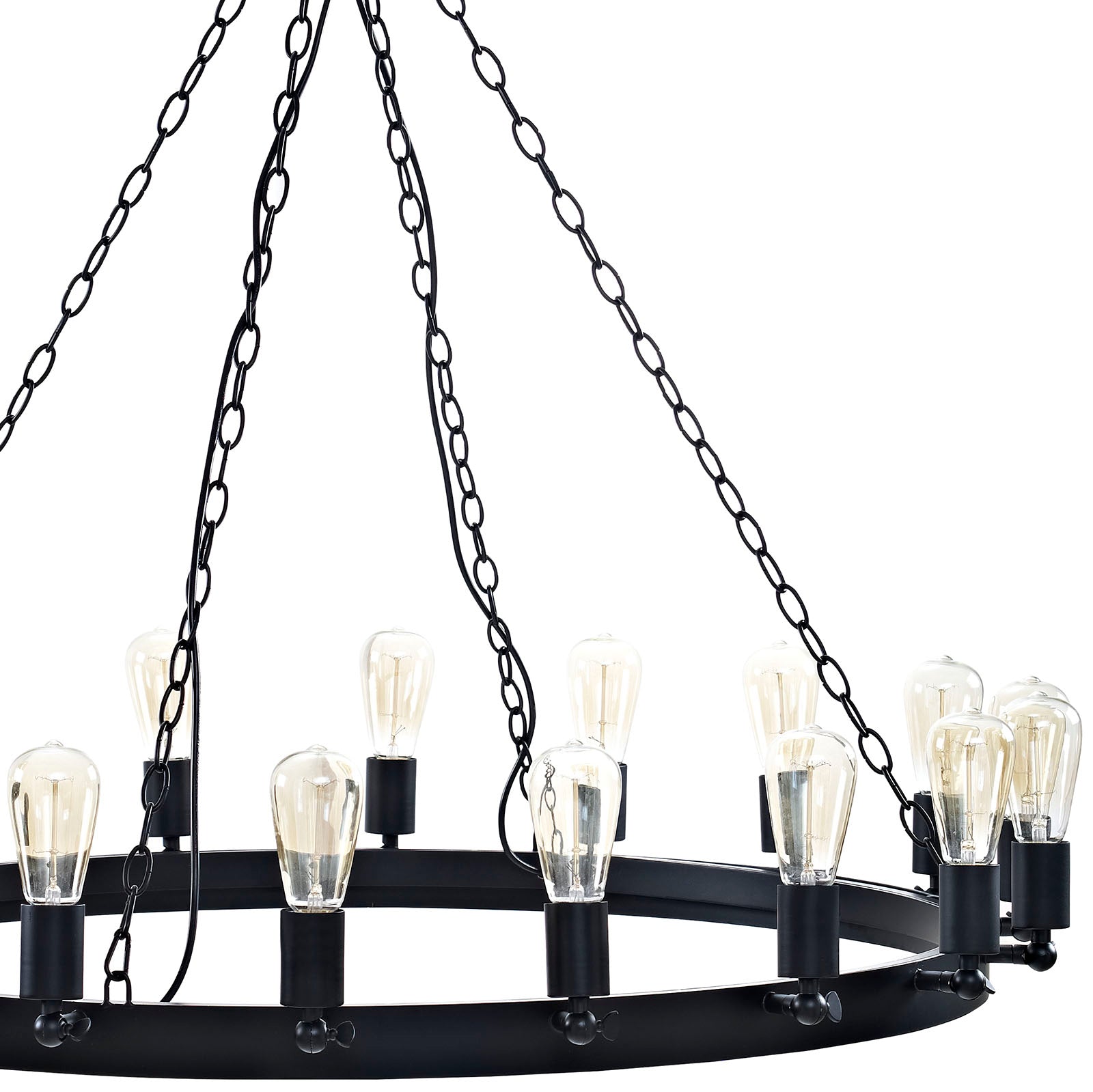 Brown round chandelier with Edison bulbs on stacked rings, suspended by chains; industrial rustic dining room light.