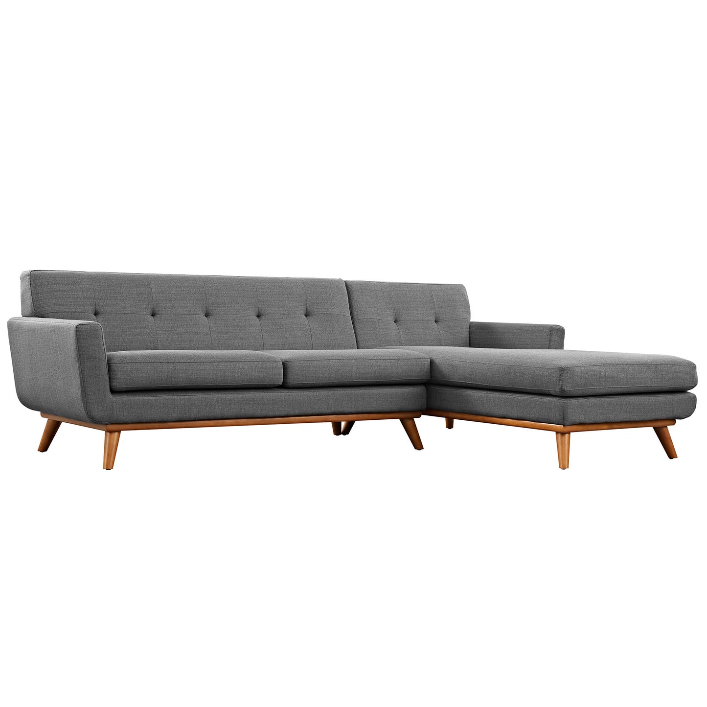 Grey fabric L-shaped sectional sofa with tufted back cushions and wooden mid-century legs, right chaise.