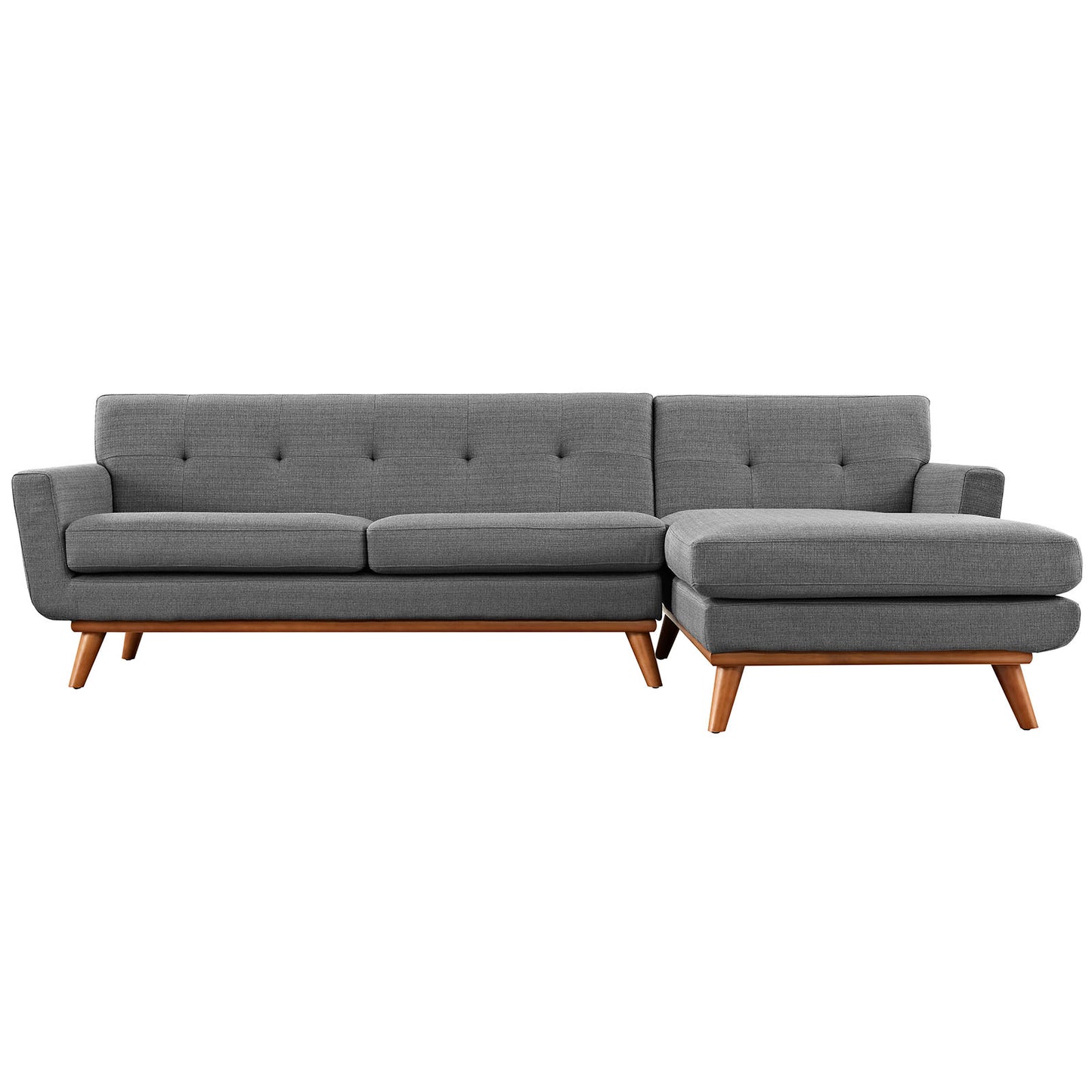 Gray fabric sectional sofa with a right-facing chaise, tufted back cushions and mid-century wooden legs