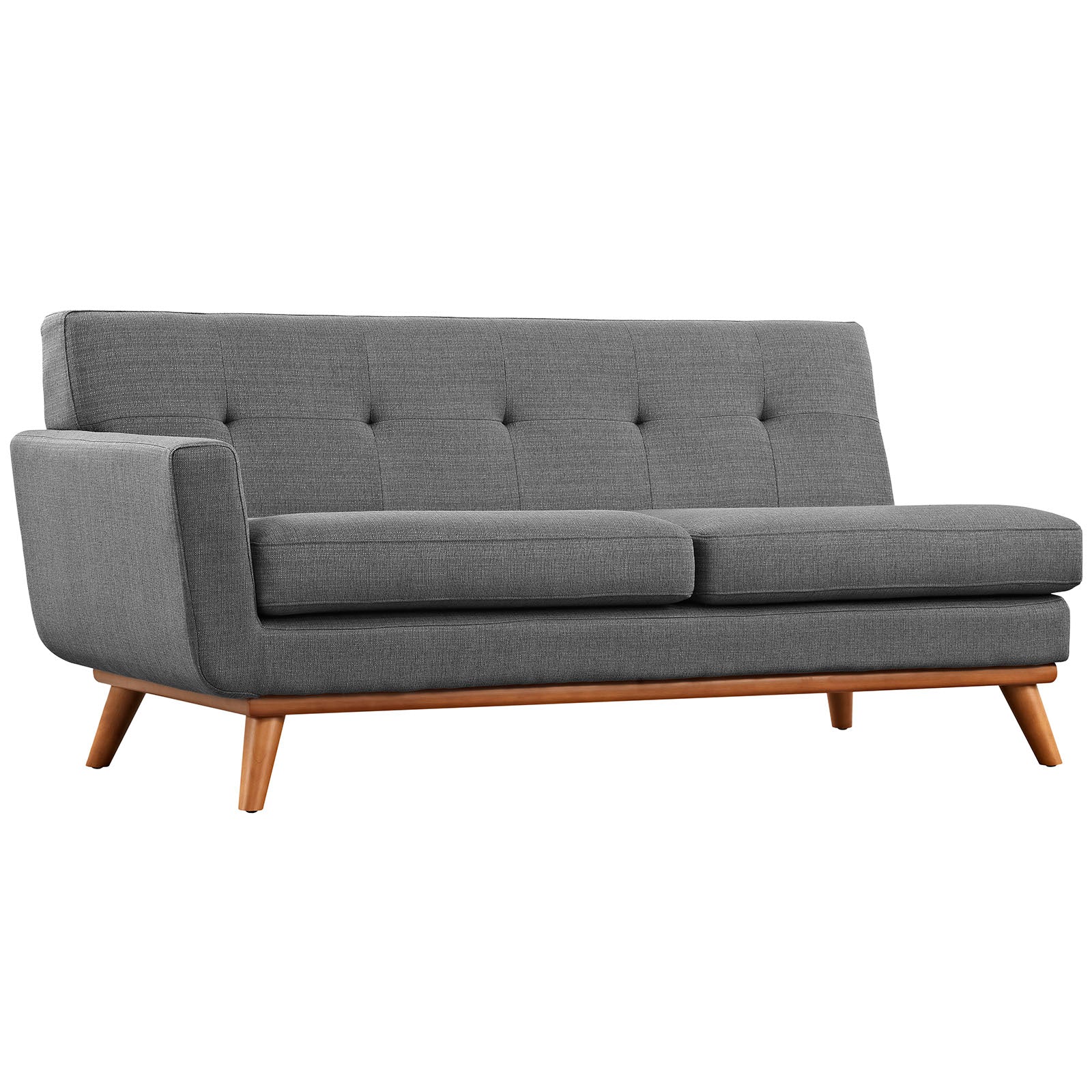 Grey right-facing upholstered fabric sectional sofa with tufted back and angled wooden legs.
