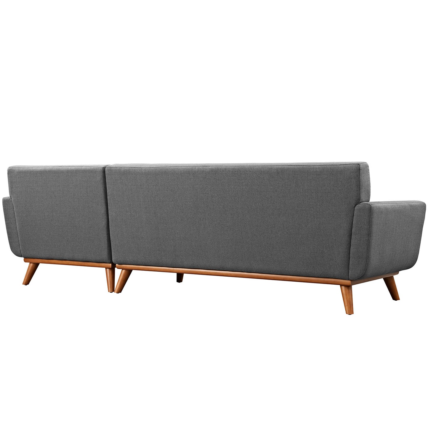 Right-facing sectional sofa in gray woven fabric with exposed wooden legs and base, mid-century modern style.