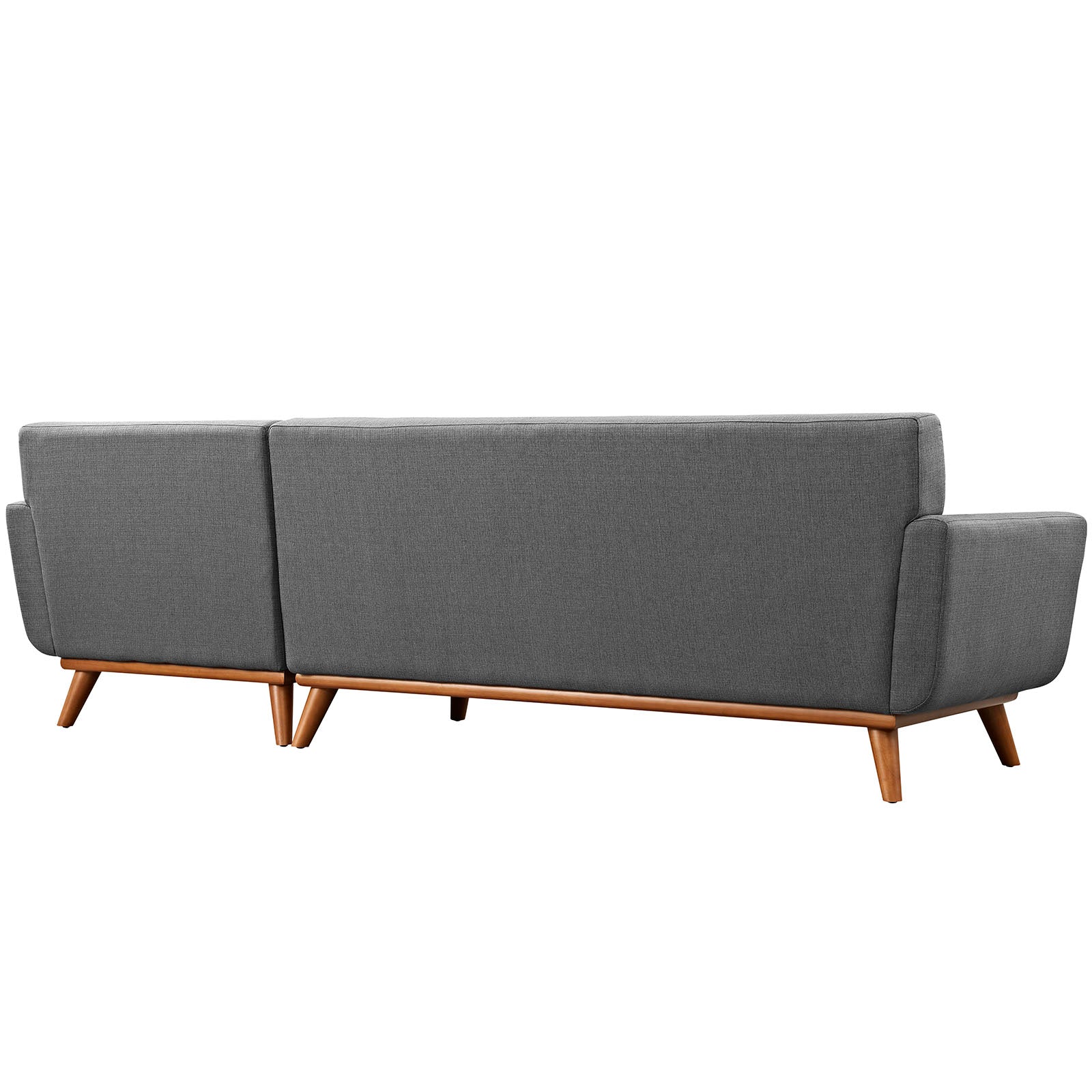 Right-facing sectional sofa in gray woven fabric with exposed wooden legs and base, mid-century modern style.