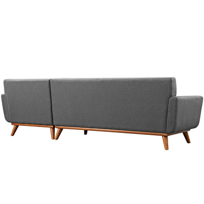 Right-facing sectional sofa in gray woven fabric with exposed wooden legs and base, mid-century modern style.