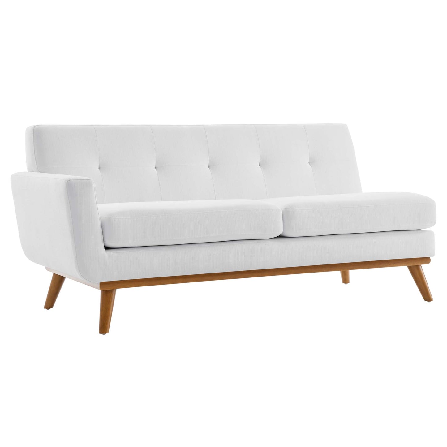White fabric right-facing sectional sofa with tufted back, seat cushions, and angled wooden legs.