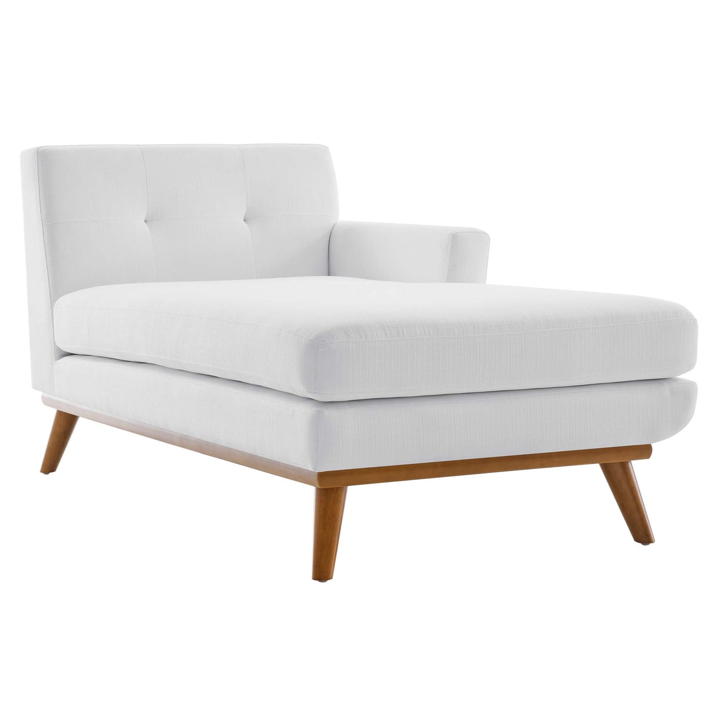 White fabric right-facing upholstered sectional sofa with chaise, tufted back, and tapered wood legs.