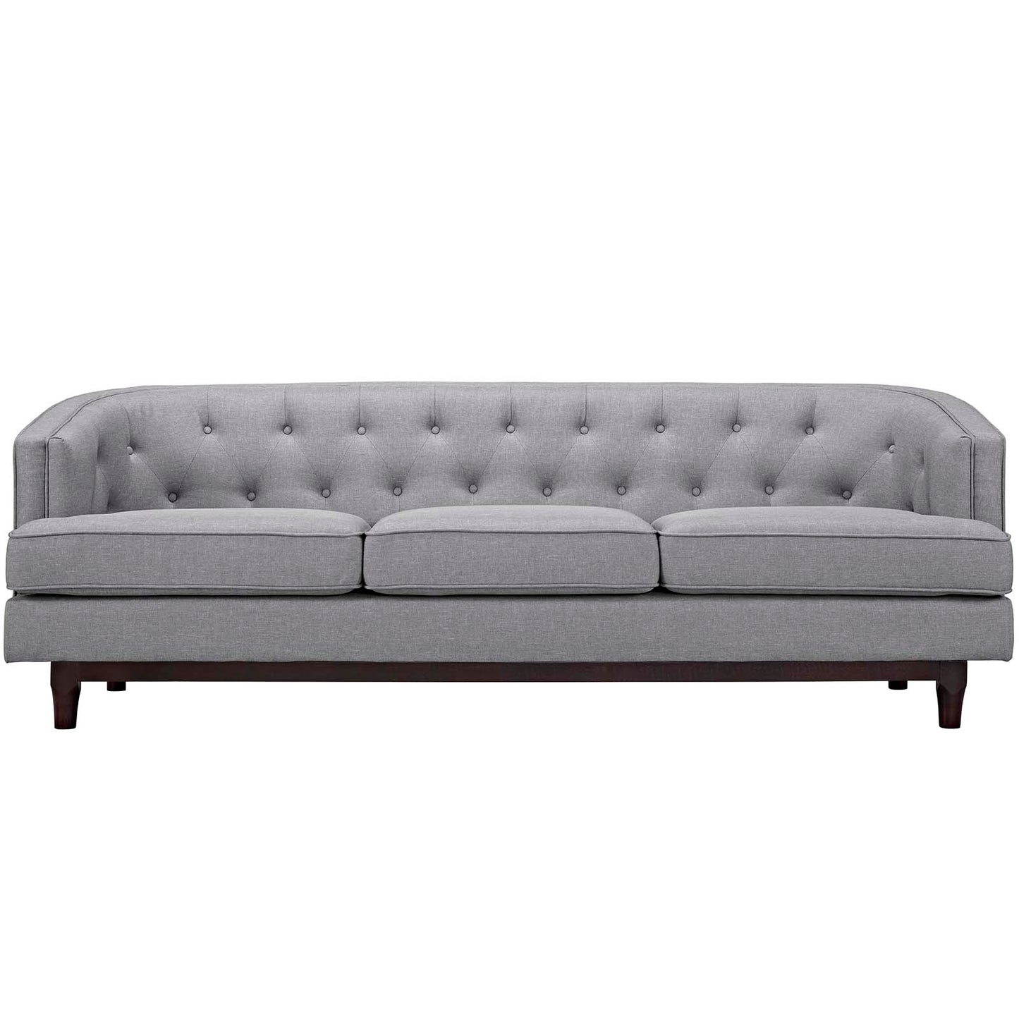 Gray fabric tufted 3-seat sofa with buttoned back, slim arms, and dark wood legs.