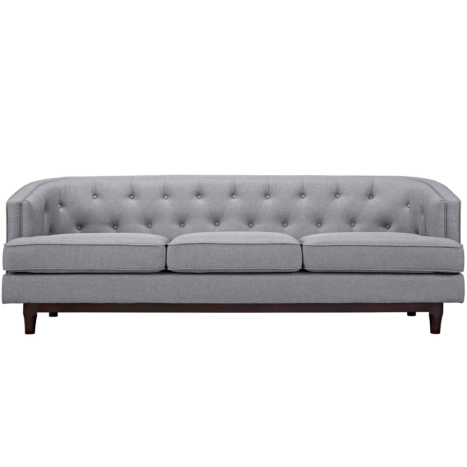 Gray fabric tufted 3-seat sofa with buttoned back, slim arms, and dark wood legs.