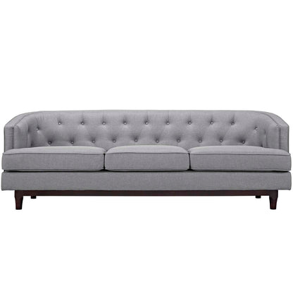 Gray fabric tufted 3-seat sofa with buttoned back, slim arms, and dark wood legs.