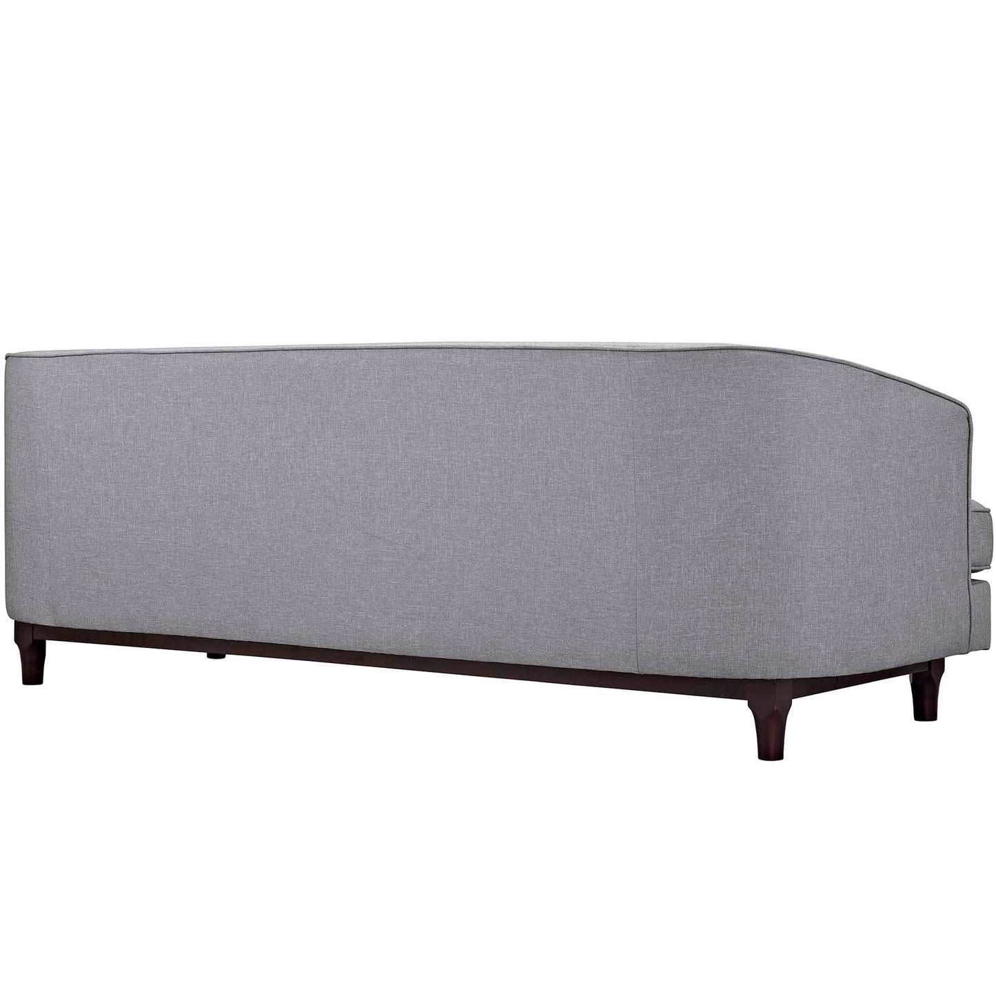 Gray fabric sofa with curved back, dark wood legs, mid-century modern living room seating