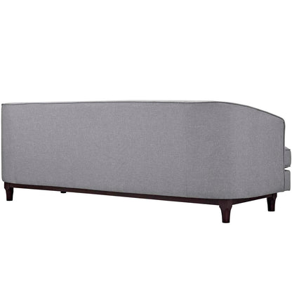Gray fabric sofa with curved back, dark wood legs, mid-century modern living room seating