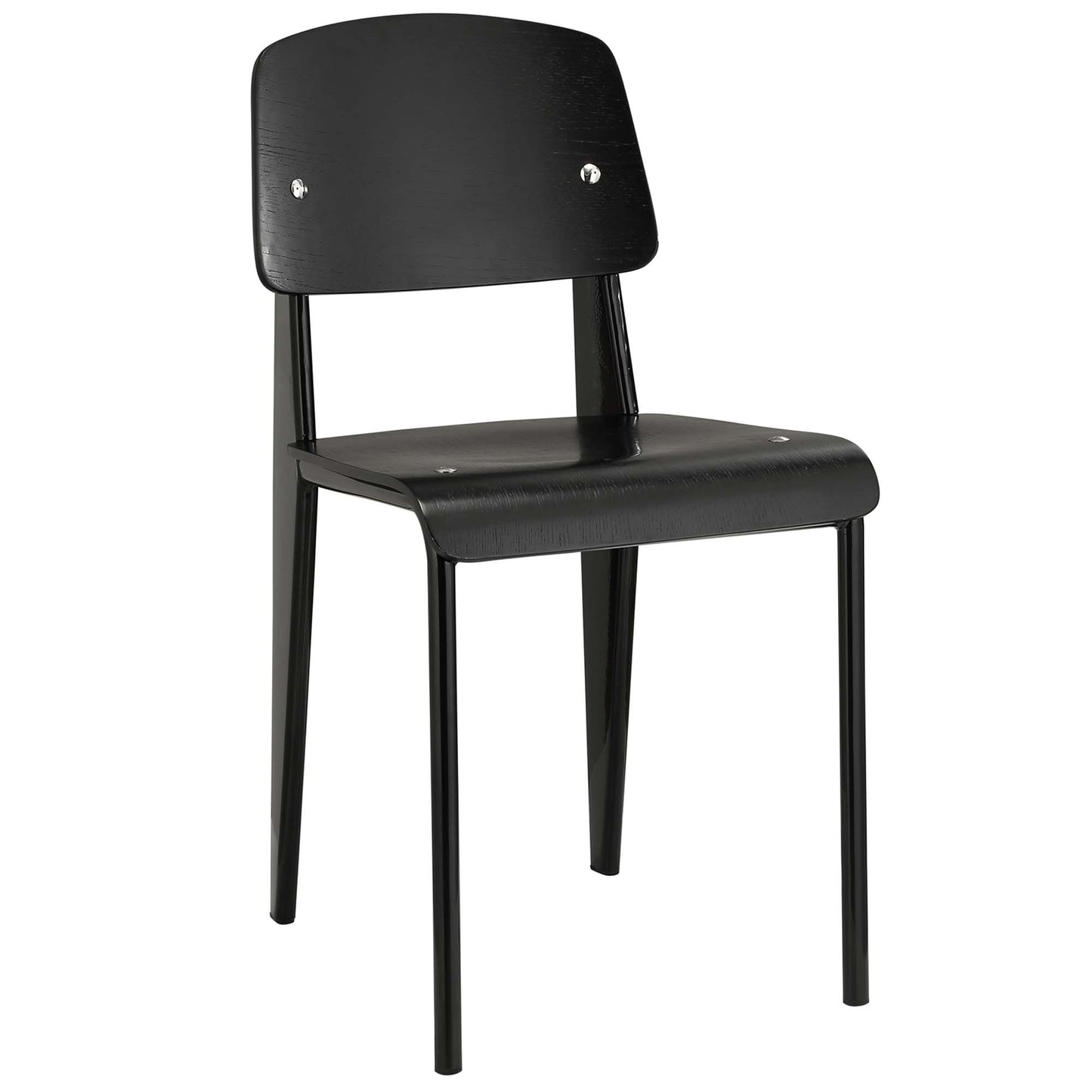 Black wooden backrest and seat on a black metal frame; simple industrial dining chair.