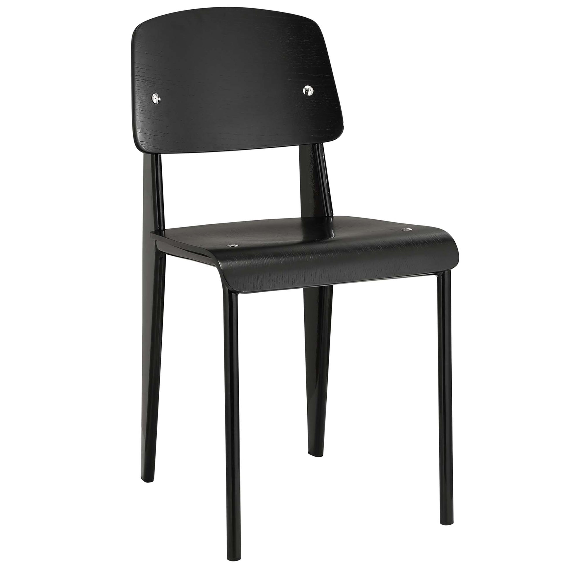 Black wooden backrest and seat on a black metal frame; simple industrial dining chair.