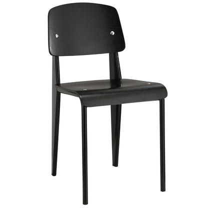 Black wooden backrest and seat on a black metal frame; simple industrial dining chair.