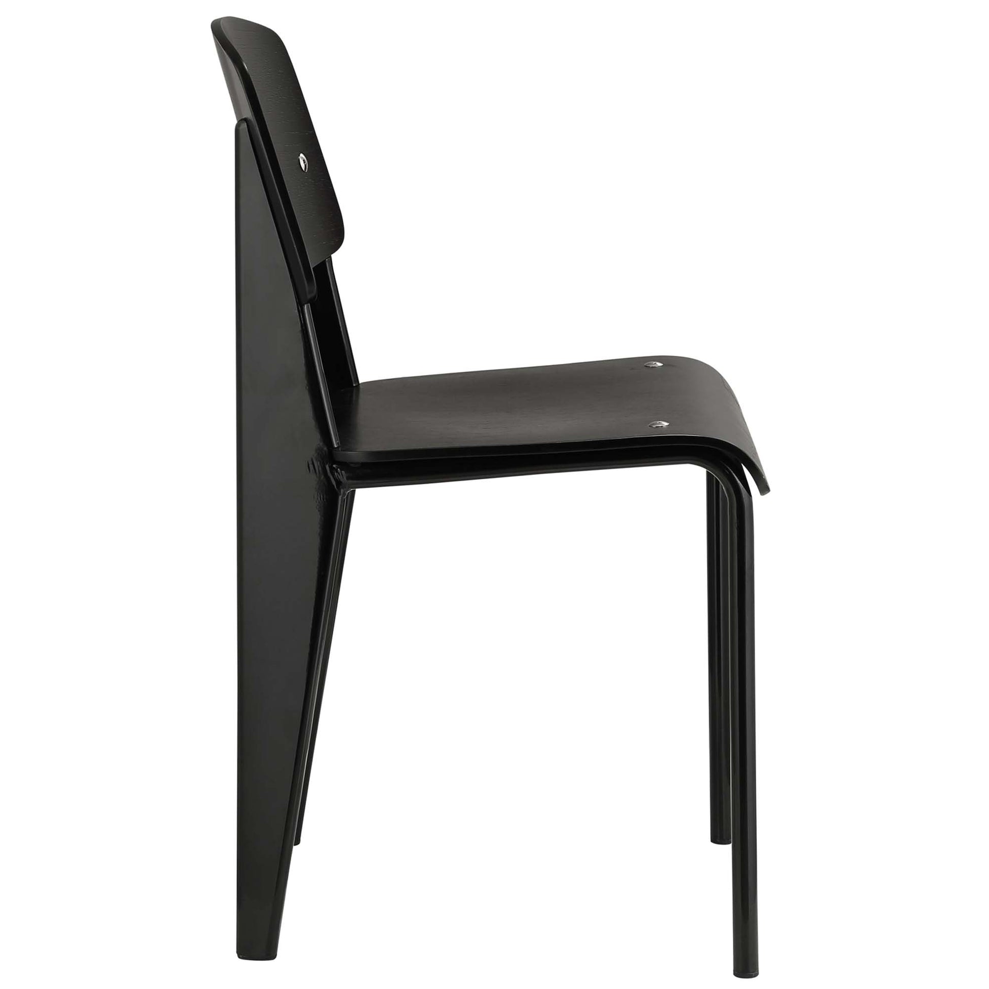 Side view of black metal dining chair with curved seat and backrest, tubular legs, minimalist industrial design.